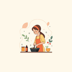 Happy woman preparing homemade meal at home, cozy kitchen scene in flat vector illustration style on clean background 