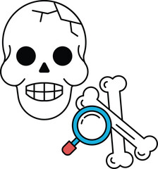 Skull and bones with a magnifying glass in between