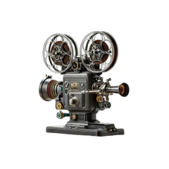 Fototapeta premium Vintage film projector with two reels detailed close-up metallic retro cinema equipment