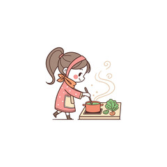 Happy woman preparing homemade meal at home, cozy kitchen scene in flat vector illustration style on clean background 