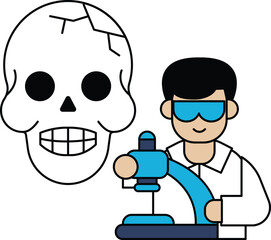A man is holding a skull in front of a microscope