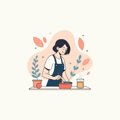 Happy woman preparing homemade meal at home, cozy kitchen scene in flat vector illustration style on clean background 