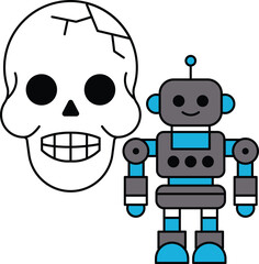 A robot stands next to a skull