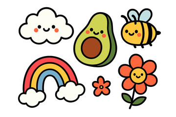 Cute cartoon set of happy smiling nature elements including avocado cloud rainbow bee and flowers
