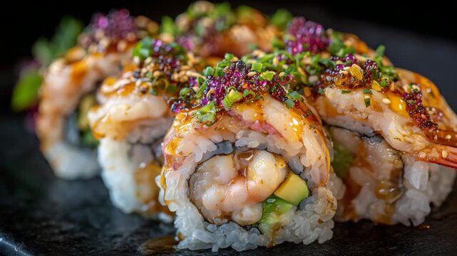 Sushi rolls with glistening seafood, vibrant avocado, and masago caviar, golden dragon roll in center, dark background emphasizing rich colors and Japanese style elegance