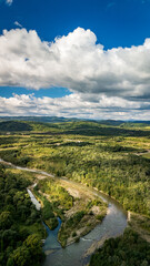 Aerial drone photo of rocky hill covered with dense green forest and calm river below — peaceful landscape and natural harmony of western Ukraine