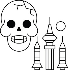 A skull is drawn with a smile on its face and is surrounded by three rockets