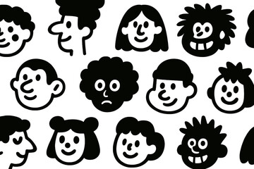 Seamless pattern of diverse cartoon faces showing various emotions and expressions