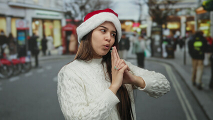 Woman wearing santa hat making finger gun gesture on bustling city street creates playful festive vibe during holiday season.