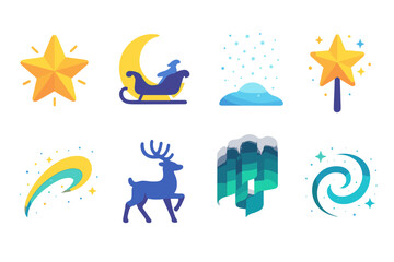 Christmas Enchantment Icons. Christmas Magic — Enchanted night flat icons: glowing star, moonlit sleigh, sparkling snow, magic wand, glitter trail, reindeer silhouette, northern