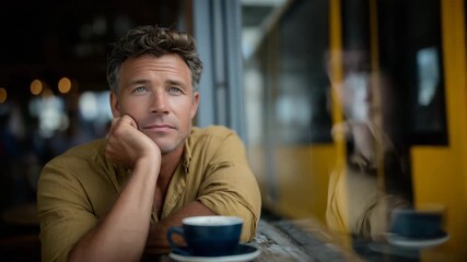 Thoughtful middle-aged man at a cafe, resting his chin on his hand, coffee steaming on table, blurred urban street outside window, warm natural light