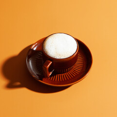 Small brown ceramic cup and saucer hold a frothy cappuccino with fine milk bubbles at the rim. Ridged saucer and strong side lighting cast a crisp lower left shadow, producing warm retro mood