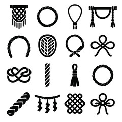 Decorative Rope Icons. Rope in decorative and cultural uses icons in silhouette. Macrame rope, rope bracelet, rope necklace, ceremonial rope