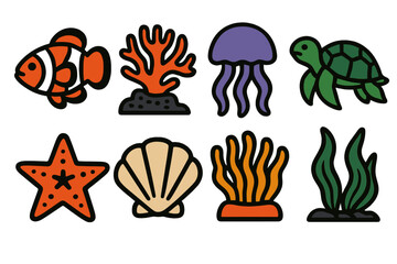 Fototapeta premium Tropical Marine Icons. Tropical Ocean Icons silhouette set: clownfish, coral reef, jellyfish, turtle, sea star, shell, anemone, sea plant.,