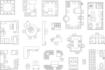 Architectural furniture layout, interior design elements, residential room plan, realistic home arrangement, living space blueprint, modern decor setup, space planning reference, visual design guide