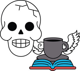 A skull is sitting on a table next to a cup of coffee and a book