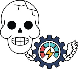A skull with a gear next to it