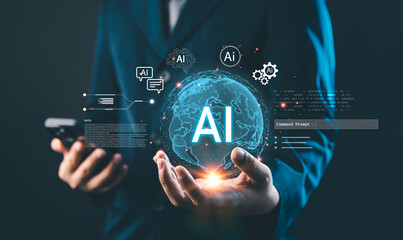 AI artificial intelligence and data technology. Businessman holding a digital globe with AI icons...