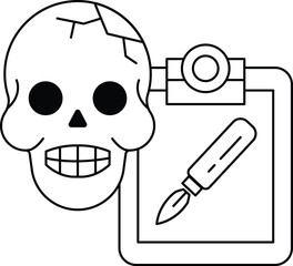 A skull is on a clipboard with a pen