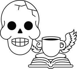 A skull is sitting on a table next to a cup of coffee and a book
