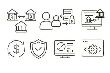 Open Banking Icons. Open Banking linear set: connected banks, user authorization, secure data exchange, account linking, open API gateway, payment flow, verification icon, digital