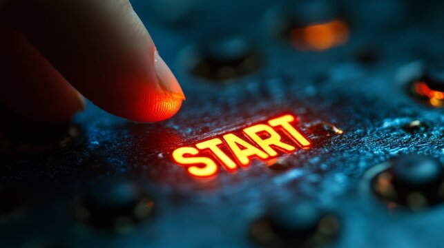 A finger hits a glowing start button, sparking excitement for new adventures in a tech-filled world