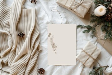 Minimal Scandinavian Christmas card with neutral tones and cozy festive design.