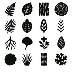 Fototapeta premium Fossil Plant Icons. Plant Fossils and Imprints icons in silhouette. Fern imprint, fossilized leaf, ancient bark texture, petrified wood ring, palm