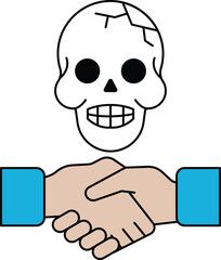 A skull is shown with a hand on it, and the skull is smiling