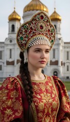 Obraz premium A dark-haired girl in a Russian kokoshnik and traditional dress against the backdrop of a church with golden domes