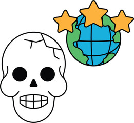 A skull with a broken face is drawn next to a globe with three stars
