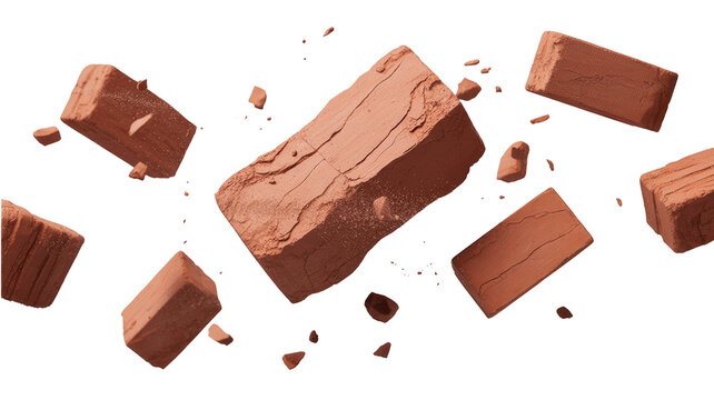 Floating Bricks and Small Pieces of Bricks isolated on transparent white background 
