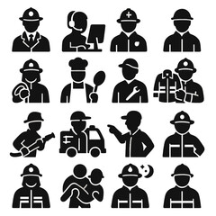 Fire Station Roles Icons. Fire station people and roles icons in silhouette. Fire chief, dispatcher, paramedic, rookie, volunteer firefighter