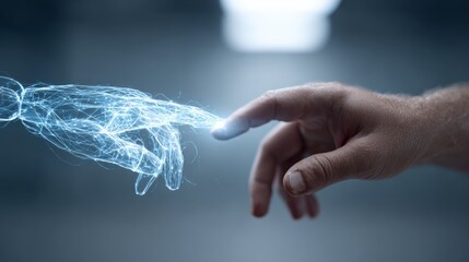 Human hand touching glowing artificial intelligence hand, symbolizing connection between humanity and ai, exploring themes of innovation, future, and technological advancement in a conceptual image