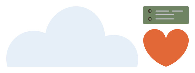 Light blue cloud, orange heart, and green server icon. Ideal for digital care, cloud computing, technology, sustainability, innovation online storage and communication. Simple flat metaphor