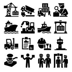 Port Operations Icons. Port Operations icons in silhouette. Crane lifting, cargo unloading, container stacking, customs inspection, ship docking