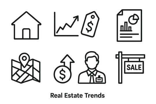Real Estate Icons. Real Estate Trends outline set: house icon, market graph, price tag, document chart, neighborhood map, investment arrow, agent badge, sale board.