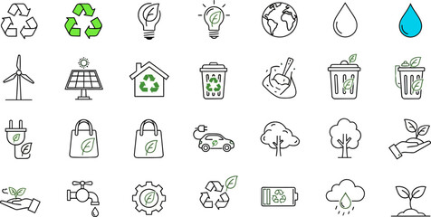 Collection of eco-friendly line icons in vector style, featuring recycling symbols, renewable energy, solar panels, electric car, reusable bags, water conservation, and green living concepts.