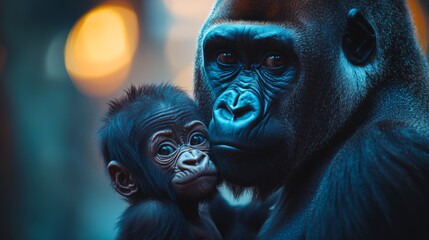 A powerful gorilla comforts its young offspring in a nurturing embrace under soft lighting