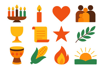 Kwanzaa Icons Collection. Kwanzaa Reflection flat icons: kinara, candlelight, heart, family group, unity cup, scroll, star, olive branch, drum, corn, flame, sunrise., , High