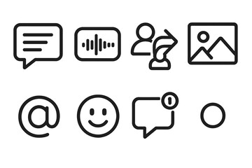 Communication Icons Set. Collaborative Messaging outline set: chat window, voice note icon, group reply arrow, shared image, mention symbol, reaction emoji, notification alert,