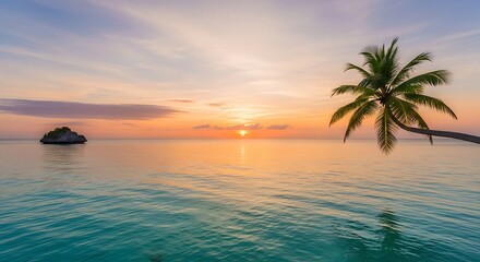 Tropical paradise at sunset with palm tree and calm turquoise water.