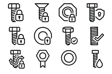 Thread Lock Icon Set. Thread Lock Basics outline set: bolt with lock, screw with padlock, nut with lock symbol, threaded rod with shield, hex bolt with lock, washer with lock,