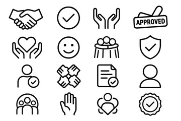 Acceptance Icon Set. Acceptance Icons outline set: handshake, checkmark in circle, open hands, approved stamp, heart in hands, smiling face, group hug, verified badge, person with