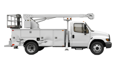 White bucket truck with dented body and boom lift
