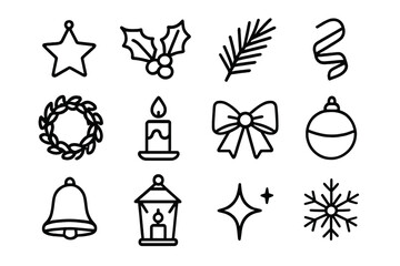 Festive Holiday Icons. Festive Charm outline set: star ornament, holly leaves, pine sprig, ribbon curl, wreath, candle, bow, ornament ball, bell, lantern, sparkle, snowflake.