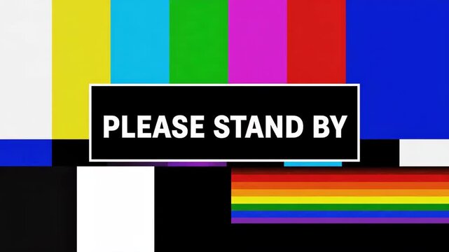 Retro television test pattern with the words please stand by, colorful bars and glitch effect, vintage style please stand by