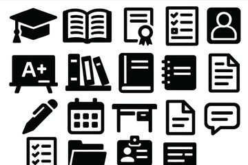 Brutalist Academic Icons. Academic Resume silhouette set: graduation cap, open book, certificate, exam sheet, chalkboard, library, notebook, student profile, pen, calendar, desk,