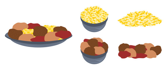 Vector cartoonish isolated food dishes with Indian cuisine with bowls of ingredients 