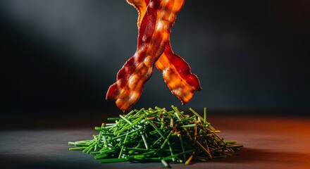 Crispy Bacon Falling Over a Bed of Fresh Chives - Delicious Food Photography for Breakfast Brunch or Culinary Concepts with Dramatic Lighting